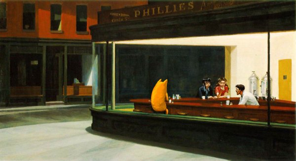 Anime picture 1234x673 with azumanga daioh j.c. staff tanizaki yukari kurosawa minamo chiyo father kimura tagme (artist) edward hopper wide image parody fine art parody girl tagme