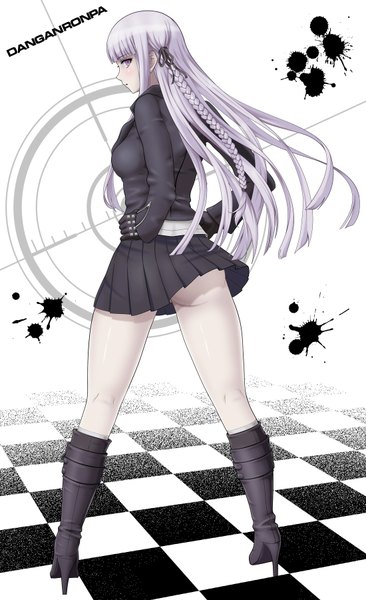 Anime picture 1100x1800 with dangan ronpa kirigiri kyouko pasya-pasya single long hair tall image light erotic purple eyes silver hair looking back girl skirt gloves boots black skirt