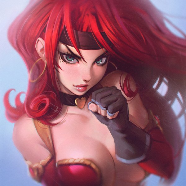 Anime picture 900x900 with battle chasers red monika (battle chasers) ilya kuvshinov single long hair looking at viewer breasts light erotic simple background large breasts green eyes red hair lips lipstick eyebrows red lipstick angry girl gloves earrings