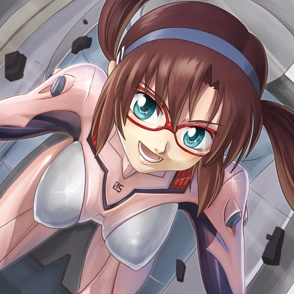 Anime picture 3444x3444 with neon genesis evangelion rebuild of evangelion evangelion: 2.0 you can (not) advance gainax makinami mari illustrious hamoto single long hair looking at viewer fringe highres breasts open mouth light erotic brown hair sitting twintails absurdres aqua eyes looking up