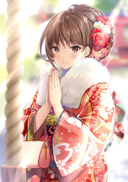 Anime picture 1767x2500 with original kagachi saku single tall image blush fringe highres short hair smile hair between eyes brown hair standing brown eyes signed payot upper body long sleeves nail polish traditional clothes japanese clothes