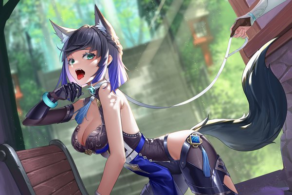 Anime picture 3000x2000 with genshin impact lumine (genshin impact) yelan (genshin impact) yin lan xue looking at viewer fringe highres short hair breasts open mouth light erotic black hair large breasts bare shoulders multiple girls holding animal ears blue hair cleavage outdoors