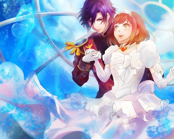 Anime picture 1100x880 with uta no prince-sama a-1 pictures ichinose tokiya nanami haruka (uta no prince-sama) miyukiko short hair open mouth smile brown hair purple eyes yellow eyes sky purple hair light smile couple hug holding hands looking up blue background hug from behind