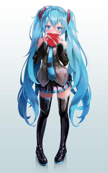 Anime picture 1000x1600 with vocaloid hatsune miku takepon1123 single tall image looking at viewer blush fringe blue eyes simple background hair between eyes standing twintails blue hair full body very long hair pleated skirt embarrassed zettai ryouiki gradient background