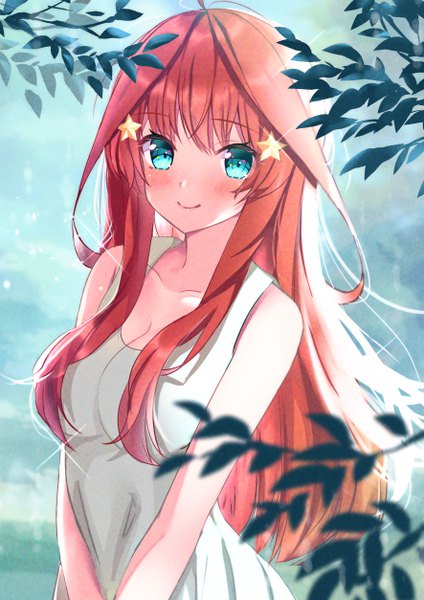 Anime picture 3541x5016 with go-toubun no hanayome nakano itsuki rei (ilust9999) single long hair tall image looking at viewer blush highres breasts smile standing bare shoulders absurdres cleavage upper body ahoge red hair aqua eyes blurry