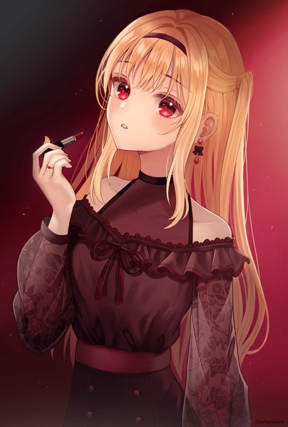 Anime picture 2362x3506 with original where (whereverer) single long hair tall image looking at viewer blush fringe highres simple background blonde hair red eyes standing bare shoulders holding blunt bangs long sleeves arm up one side up red background