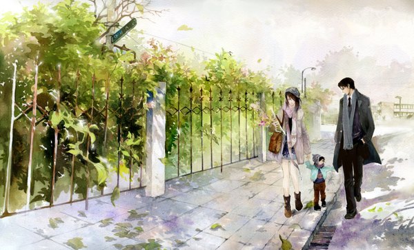 Anime picture 1280x775 with he he wu short hair black hair profile holding hands hands in pockets autumn traditional media girl boy plant (plants) tree (trees) boots scarf leaf (leaves) cloak cap child (children)