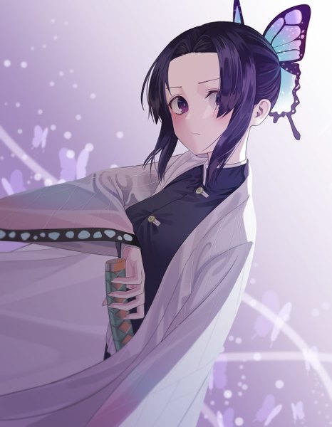 Anime picture 2100x2700 with kimetsu no yaiba ufotable kochou shinobu re-leaf single tall image looking at viewer blush fringe highres short hair simple background standing purple eyes payot purple hair traditional clothes japanese clothes hair over one eye wide sleeves
