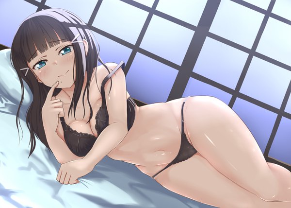 Anime picture 2800x2000 with love live! sunshine!! sunrise (studio) love live! kurosawa dia butter curry single long hair looking at viewer blush fringe highres breasts blue eyes light erotic black hair large breasts bare shoulders payot cleavage indoors