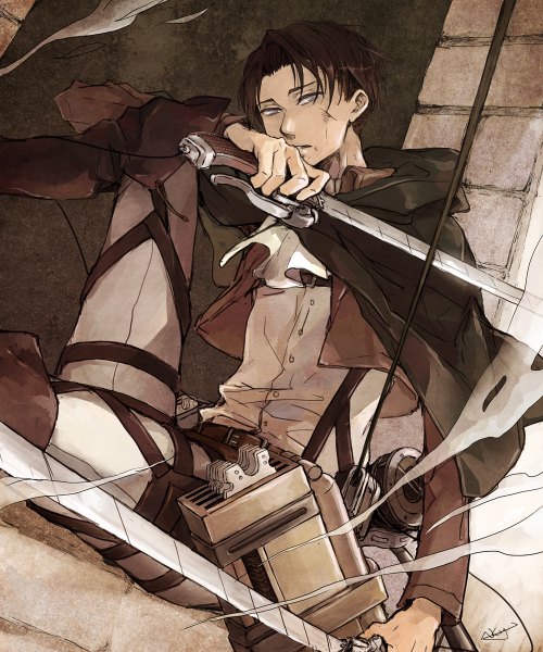 Anime picture 1000x1200 with shingeki no kyojin production i.g levi (rivaille) nyanko 33 single tall image short hair brown hair sitting holding grey eyes dual wielding boy weapon sword jacket boots cape knee boots