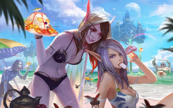 Anime picture 1600x1007 with world of warcraft blizzard entertainment sylvanas windrunner chenbo long hair breasts light erotic smile red eyes brown hair standing sitting purple eyes holding sky purple hair cloud (clouds) outdoors arm up lips
