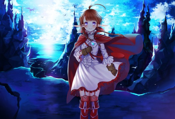 Anime picture 1500x1018 with fire emblem tukino omame (artist) single long hair looking at viewer blush smile brown hair purple eyes cloud (clouds) braid (braids) twin braids girl thighhighs dress gloves animal choker water boots