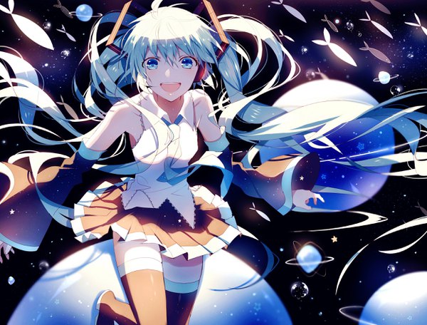 Anime-Bild 2500x1900 mit vocaloid hatsune miku lococo:p single looking at viewer fringe highres open mouth blue eyes hair between eyes twintails bare shoulders very long hair :d pleated skirt aqua hair zettai ryouiki girl skirt detached sleeves