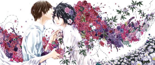 Anime picture 1920x808 with death note madhouse yagami light l (death note) kusanoioli (souan) highres short hair black hair simple background brown hair wide image white background holding brown eyes profile hair flower light smile black eyes multiple boys couple