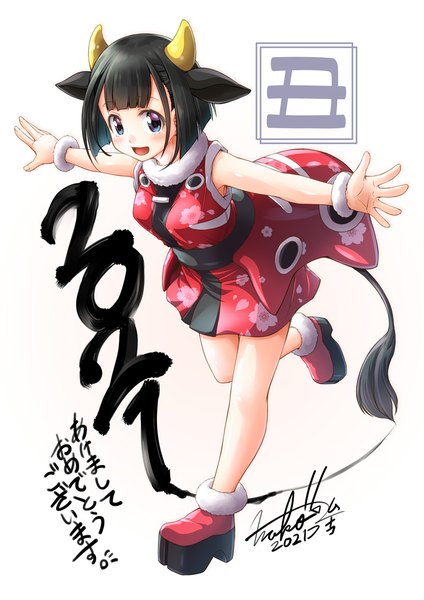 Anime picture 707x1000 with original muranako single tall image looking at viewer blush short hair open mouth blue eyes black hair simple background white background signed animal ears full body tail :d animal tail horn (horns) spread arms