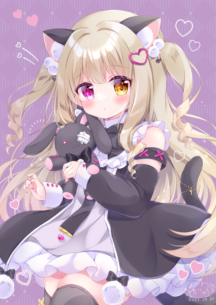 Anime-Bild 708x1000 mit original chiika (cure cherish) single long hair tall image looking at viewer blush blonde hair animal ears tail animal tail cat ears cat girl cat tail two side up heterochromia dated purple background girl thighhighs