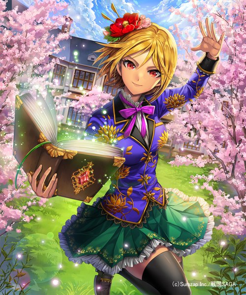 Anime picture 833x1000 with sengoku saga ells (ellsat) single tall image looking at viewer fringe short hair blonde hair hair between eyes red eyes standing holding sky cloud (clouds) outdoors arm up hair flower fingernails light smile copyright name