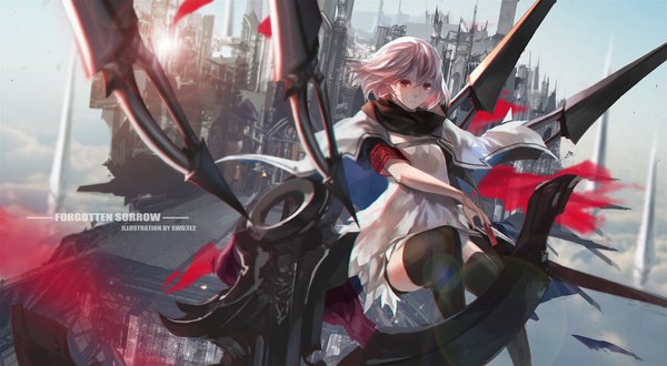 Anime picture 2107x1162 with original pixiv fantasia pixiv fantasia fallen kings paradise (character) swd3e2 single looking at viewer highres short hair red eyes wide image sitting pink hair inscription girl thighhighs dress weapon black thighhighs neckerchief