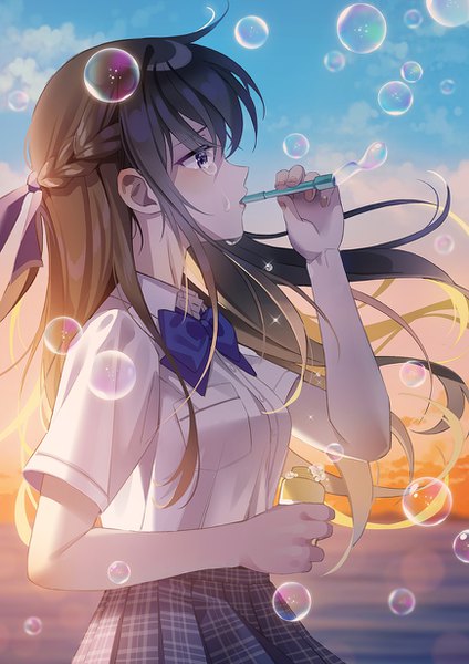 Anime picture 870x1230 with original unjem single long hair tall image blush fringe brown hair standing purple eyes holding looking away sky cloud (clouds) outdoors braid (braids) profile pleated skirt wind short sleeves