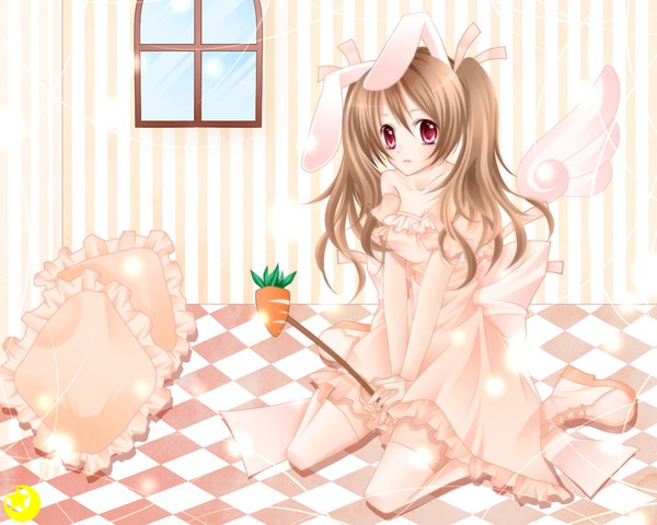 Anime picture 1280x1024 with original midzuki single long hair red eyes brown hair twintails bunny ears checkered floor girl thighhighs dress white thighhighs wings boots window pillow