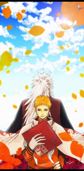 Anime picture 1000x2010 with naruto studio pierrot naruto (series) uzumaki naruto jiraiya 3gatsu long hair tall image short hair blonde hair standing holding sky cloud (clouds) white hair aqua eyes light smile wind from behind sunlight