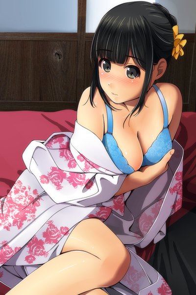 Anime picture 800x1200 with original matsunaga kouyou single tall image blush fringe breasts light erotic black hair payot looking away blunt bangs traditional clothes japanese clothes black eyes hand on chest girl lingerie bra kimono