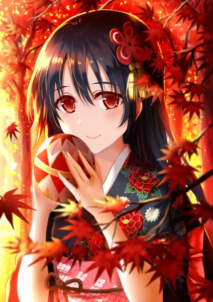 Anime picture 800x1131 with love live! school idol project sunrise (studio) love live! yazawa nico morizono shiki single long hair tall image blush fringe black hair hair between eyes red eyes traditional clothes japanese clothes light smile girl kimono leaf (leaves) obi