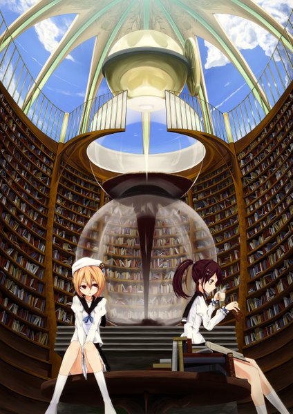 Anime picture 2046x2894 with original ilis (artist) tall image highres short hair black hair blonde hair red eyes sitting multiple girls brown eyes cloud (clouds) ponytail girl 2 girls hat serafuku book (books) shelf bookshelf