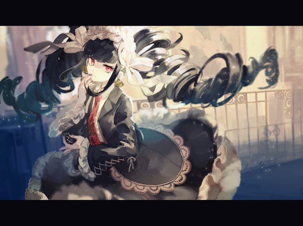 Anime picture 2048x1534 with dangan ronpa celestia ludenberg lemontea single looking at viewer fringe highres black hair red eyes twintails signed payot blunt bangs very long hair nail polish fingernails wind drill hair finger to mouth lacing