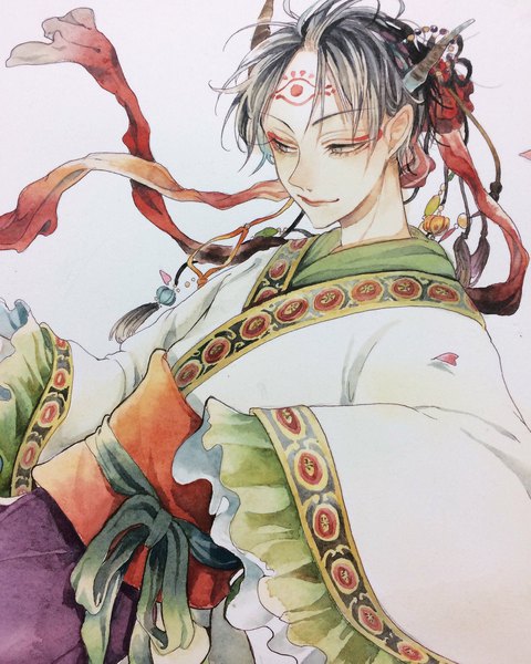 Anime picture 1638x2048 with hoozuki no reitetsu wit studio hakutaku (hoozuki no reitetsu) remon (10112) single tall image short hair black hair simple background looking away upper body traditional clothes horn (horns) wind chinese clothes traditional media forehead mark watercolor (medium) boy