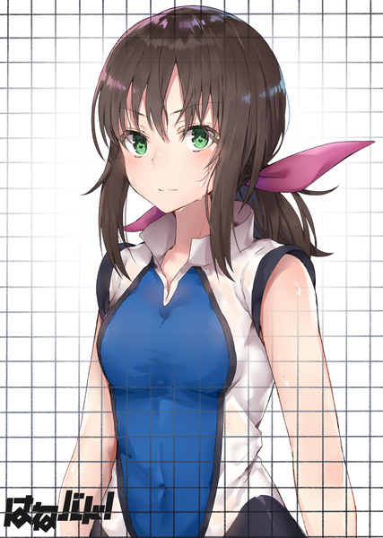 Anime picture 1603x2254 with hanebado! hanesaki ayano black cola single long hair tall image looking at viewer blush fringe breasts simple background hair between eyes brown hair standing green eyes payot upper body sweat copyright name covered navel