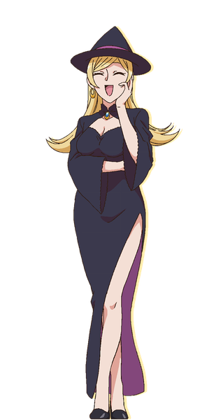 Anime picture 850x1600 with dekoboko majo no oyako jijou luna (dekoboko majo no oyako jijou) single long hair tall image blonde hair standing cleavage full body eyes closed official art side slit transparent background ^ ^ ^o^ hand on cheek crossed legs (standing) girl dress hat