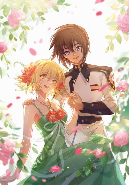 Anime picture 1300x1862 with mobile suit gundam gundam seed sunrise (studio) kira yamato cagalli yula athha tsuna2727 tall image looking at viewer fringe short hair open mouth blonde hair hair between eyes brown hair purple eyes yellow eyes :d hair flower holding hands hand on another's shoulder