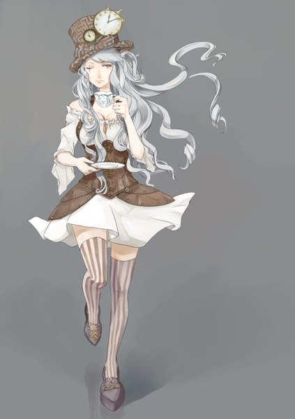 Anime picture 2126x3016 with original muzbear single long hair tall image fringe highres breasts simple background bare shoulders holding cleavage silver hair grey background zettai ryouiki walking steam punk girl thighhighs dress