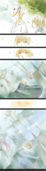 Аниме картинка 485x1800 с в лесу мерцания светлячков gin (hotarubi no mori e) takegawa hotaru akira251 высокое изображение чёлка короткие волосы светлые волосы на улице белые волосы ветер короткие рукава серые глаза поворот головы держаться за руки отражение комикс девушка мужчина юбка