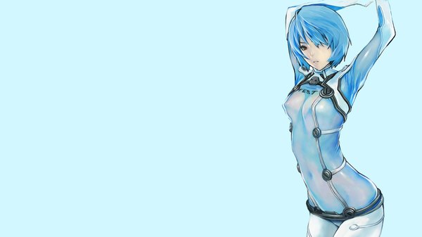 Anime picture 2133x1200 with neon genesis evangelion gainax ayanami rei kiyohisa single highres short hair breasts light erotic simple background wide image standing blue hair nipples arms up covered navel arched back girl navel transparent clothing