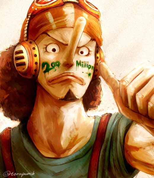 Anime picture 1776x2048 with one piece toei animation usopp torapunch single tall image looking at viewer highres short hair black hair simple background signed upper body black eyes inscription twitter username pointing face paint goggles on head long nose