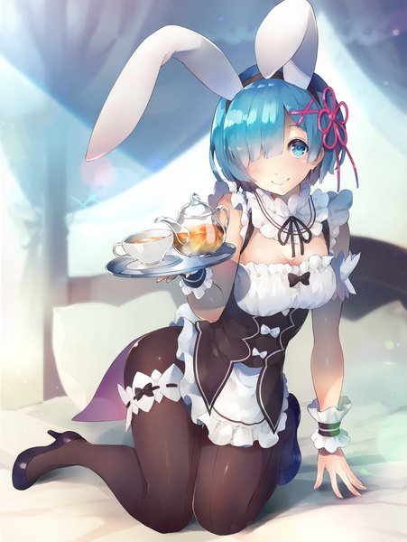 Anime picture 960x1278 with re:zero kara hajimeru isekai seikatsu white fox rem (re:zero) deecha single tall image looking at viewer blush fringe short hair breasts light erotic smile holding animal ears indoors arm up hair over one eye maid kneeling