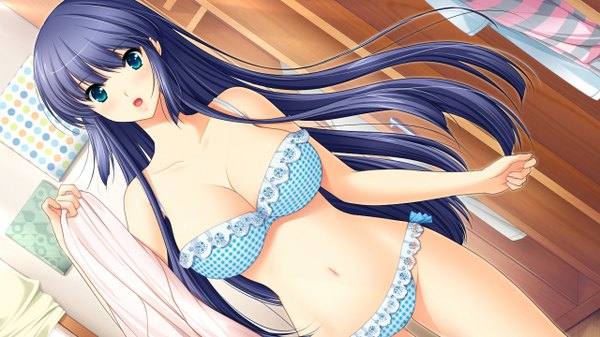Anime picture 1280x720 with gakuen taima! holy x moly (game) long hair breasts open mouth blue eyes light erotic wide image blue hair game cg girl underwear panties