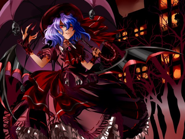 Anime picture 1600x1200 with touhou flandre scarlet remilia scarlet karlwolf red eyes purple hair bat wings vampire girl dress bow hat umbrella skull