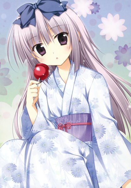 Anime picture 1610x2311 with alice or alice airi (alice or alice) korie riko single long hair tall image looking at viewer blush fringe open mouth sitting purple eyes holding long sleeves traditional clothes japanese clothes grey hair wide sleeves floral print girl