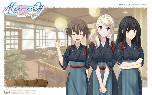 Anime picture 1680x1050 with memories off blue eyes black hair blonde hair brown hair wide image multiple girls japanese clothes black eyes girl 3 girls