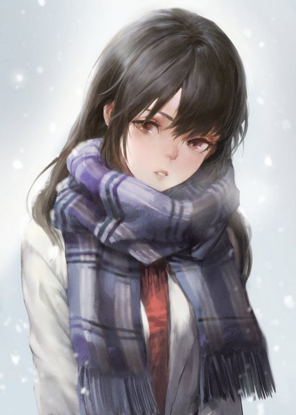 Anime picture 1430x2000 with original iori (cpeilad) single long hair tall image looking at viewer blush fringe black hair hair between eyes brown eyes upper body parted lips head tilt grey background open jacket snowing snow exhalation girl