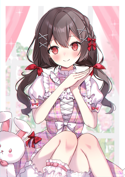 Anime picture 1250x1764 with original su2525 single long hair tall image looking at viewer blush fringe smile hair between eyes red eyes brown hair sitting twintails sparkle puffy sleeves low twintails border anaglyph hands clasped