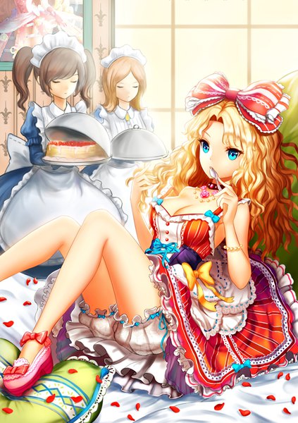 Anime picture 600x851 with original kankito long hair tall image looking at viewer fringe breasts blue eyes blonde hair brown hair standing twintails bare shoulders multiple girls holding payot cleavage full body bent knee (knees) indoors