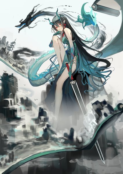 Anime picture 2508x3541 with arknights dusk (arknights) dusk (everything is a miracle) (arknights) natsuba002 single long hair tall image looking at viewer fringe highres black hair hair between eyes red eyes sitting holding payot full body bent knee (knees) tail traditional clothes