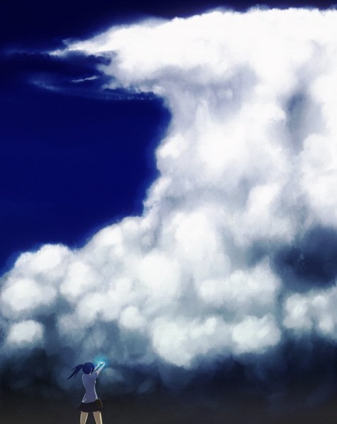 イラスト 1188x1496 と オリジナル kika (artist) ソロ 長髪 長身像 黒髪 青い髪 空 cloud (clouds) ポニーテール scenic 女の子 スカート 電話 カメラ