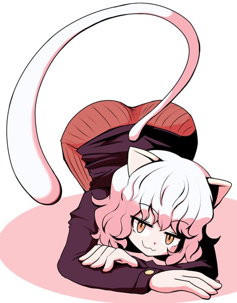 Anime picture 1008x1291 with hunter x hunter neferupito kurachi mizuki single tall image looking at viewer fringe short hair light erotic simple background smile red eyes white background animal ears ass white hair tail long sleeves animal tail cat ears