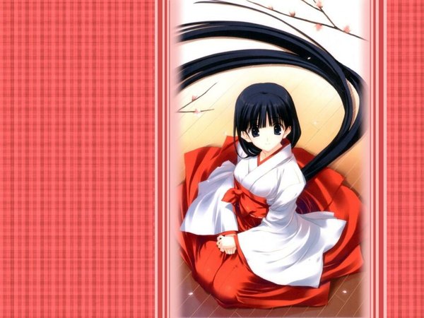 Anime picture 1024x768 with to heart 2 leaf (studio) kusakabe yuuki (to heart 2) mitsumi misato single looking at viewer blush fringe black hair blunt bangs very long hair japanese clothes from above miko third-party edit floor extended detexted girl branch