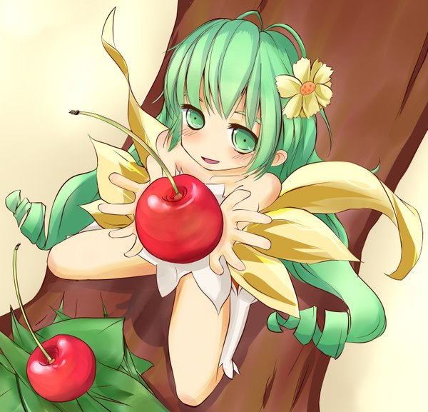 Anime picture 1559x1500 with original pixiv neruka looking at viewer blush fringe open mouth smile bare shoulders ahoge very long hair hair flower girl hair ornament plant (plants) tree (trees) food leaf (leaves) berry (berries) cherry
